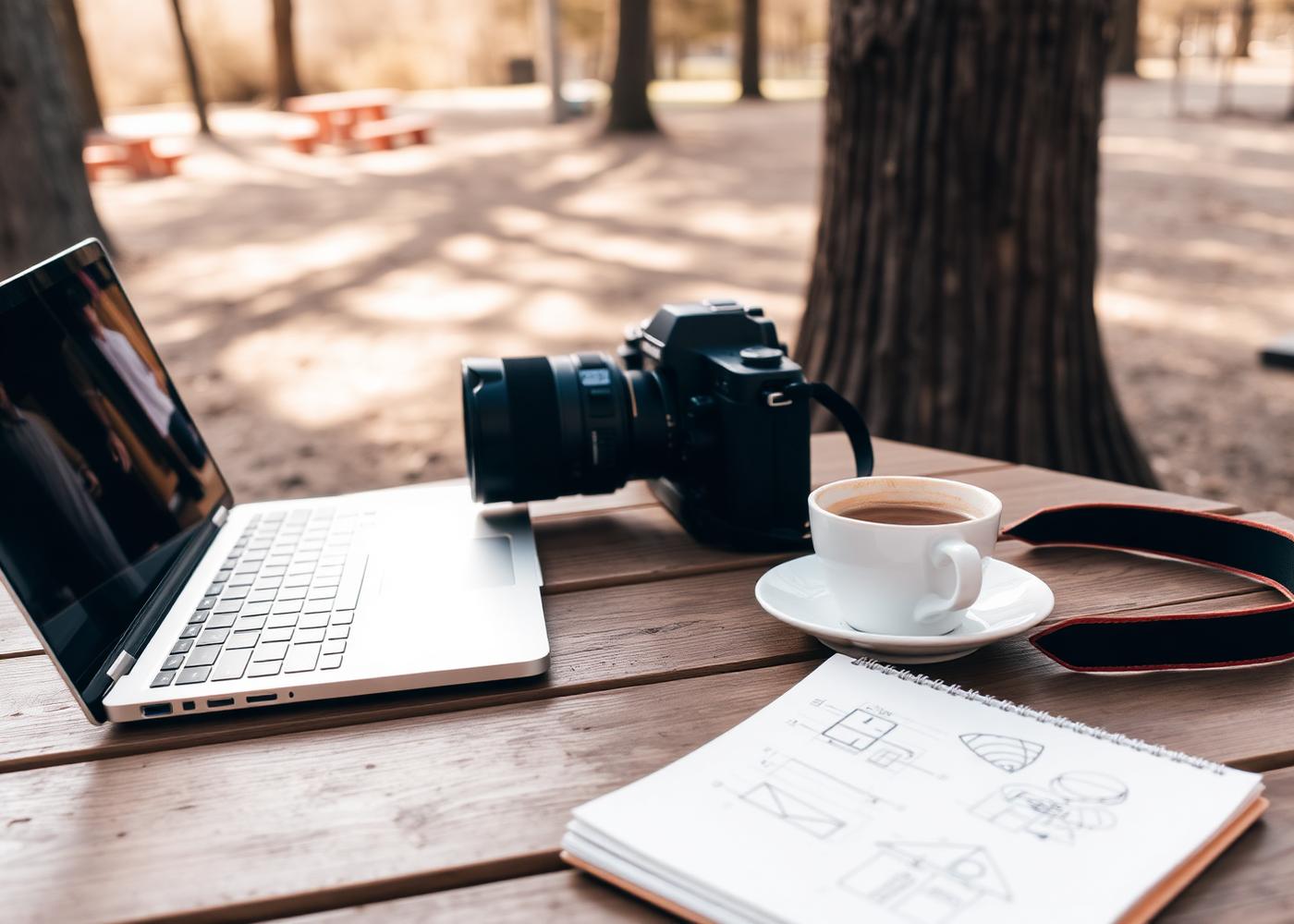 Laptop en camera op locatie tijdens het creatieve proces
