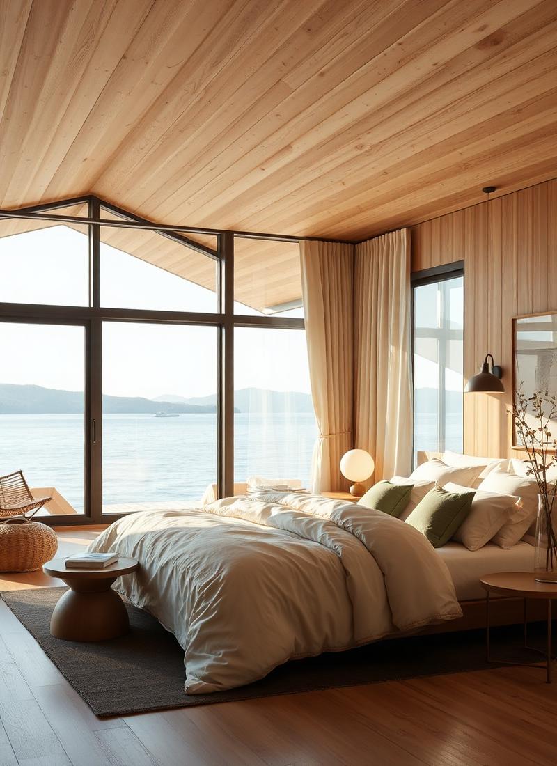 Interieur van een luxe vakantieverblijf met uitzicht op het water